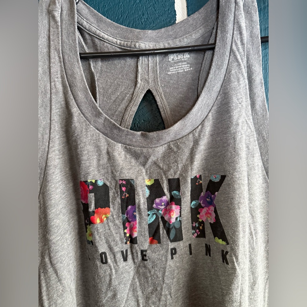 PINK Victoria's Secret Gray Tank with Floral Logo - Picture 2 of 4